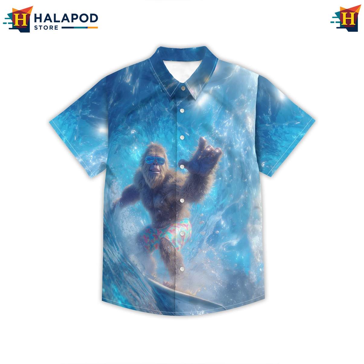 Surfing Bigfoot Mens Funny Short-sleeve button-up shirt Retro Graphic Aloha Summer Tops