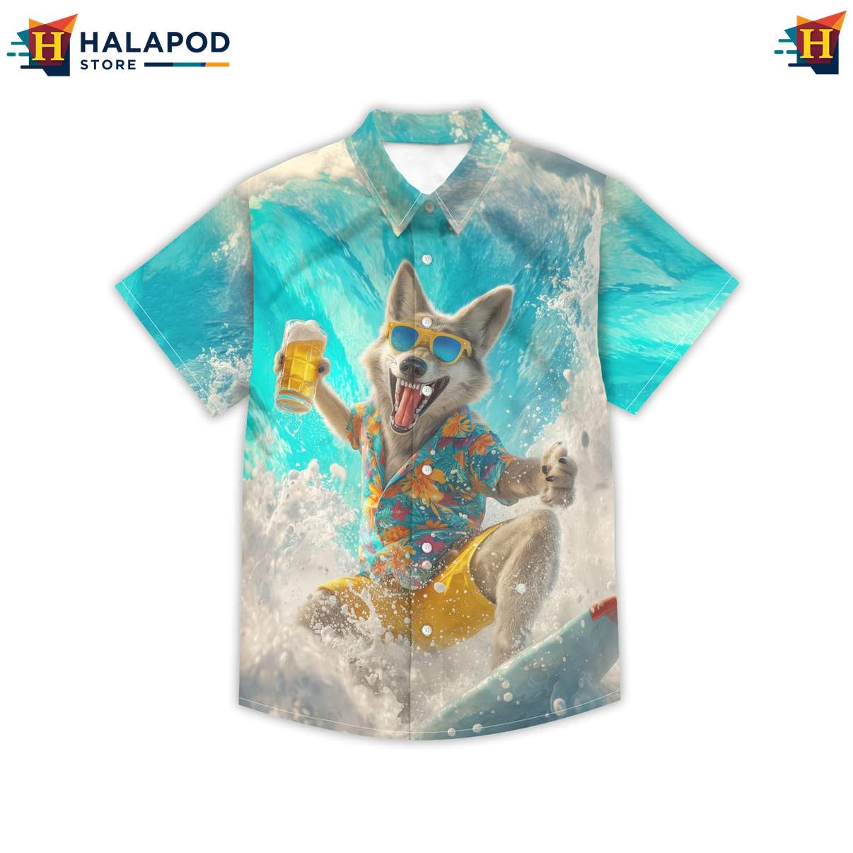Surfing Dog Mens Funny Short-sleeve button-up shirt Retro Graphic Aloha Summer Clothing
