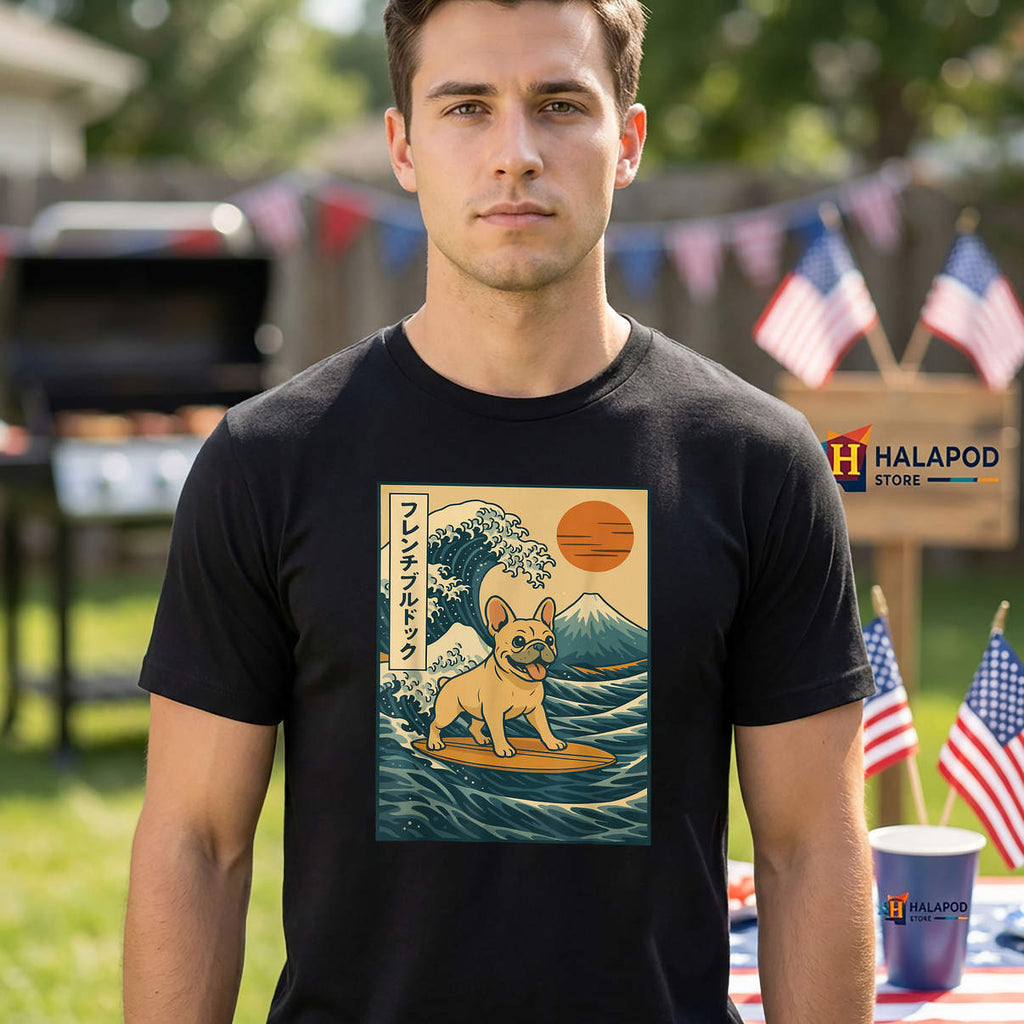 Surfing Japanese Frenchie Shirt Funny French Bulldog Graphic Novelty Mens