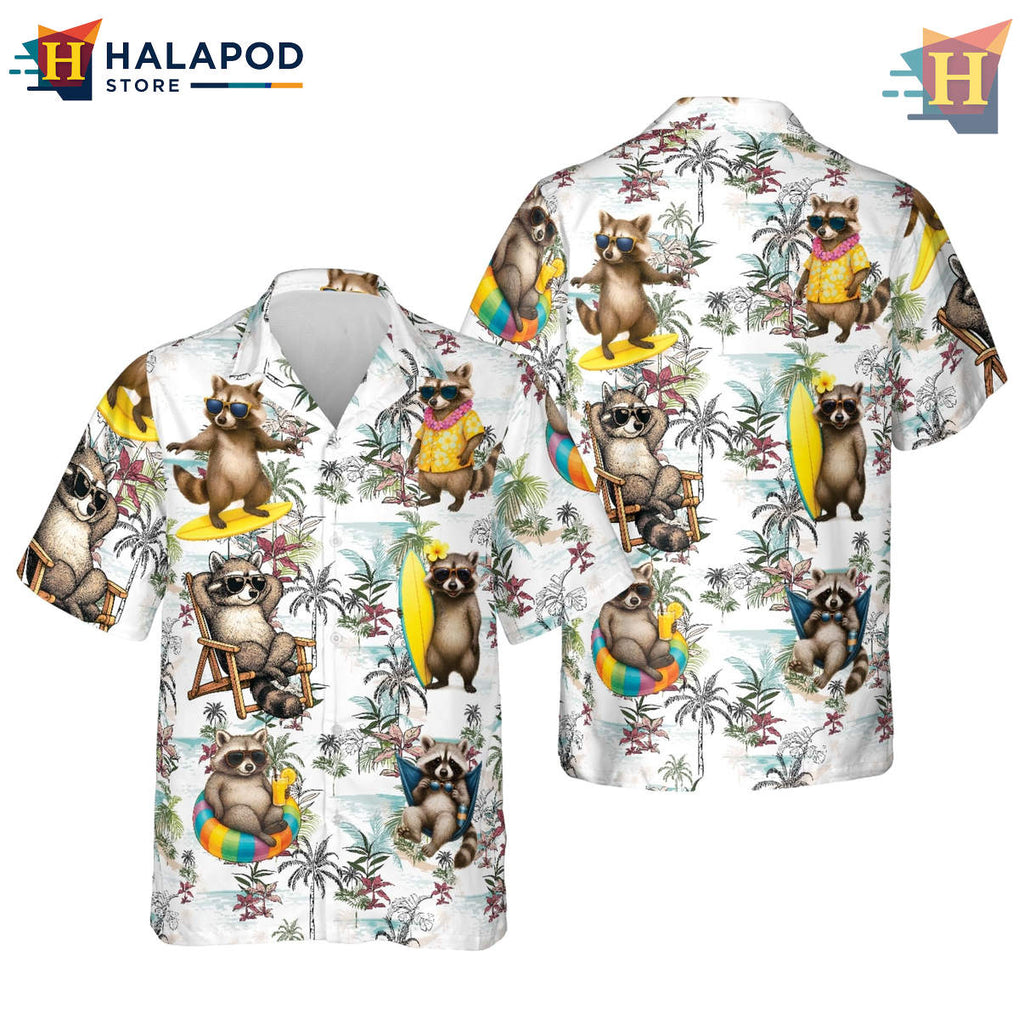 Surfing Raccoon Beach Print Hawaiian Shirt Funny Tropical Floral Vacation Gear