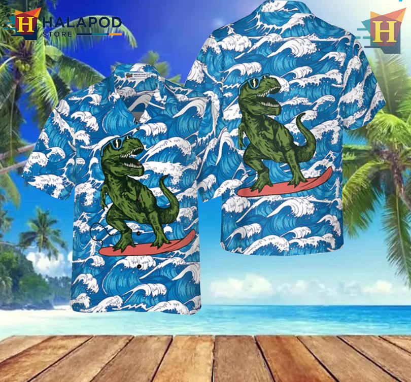 Surfing T Rex Dinosaur Art Matching Hawaiian Shirt Beach Party Vacation Look