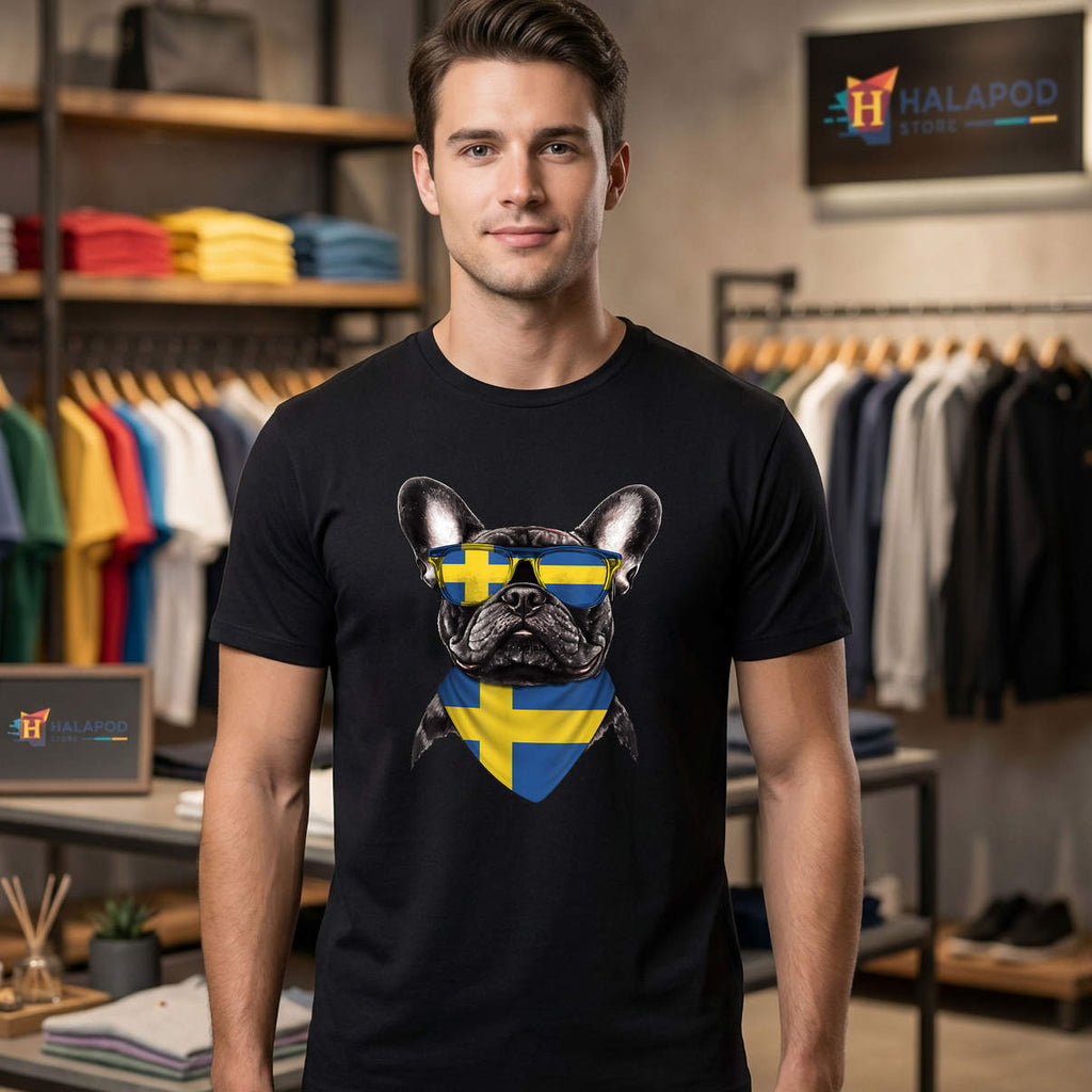 Swedish Flag French Bulldog Shirt American Heritage Sweden Graphic Casual Mens