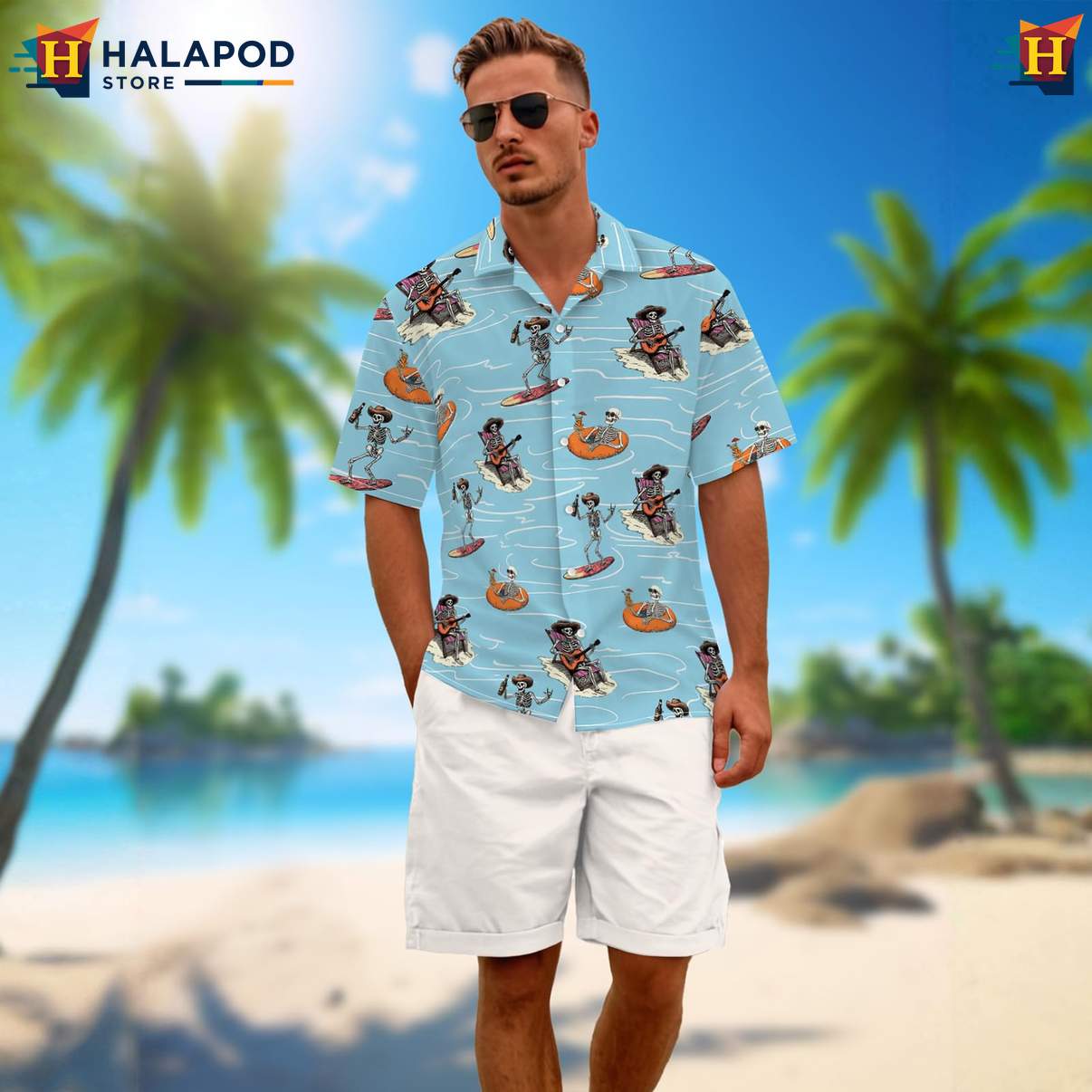 Swim Skull Mens Funny Short-sleeve button-up shirt Retro Graphic Aloha Summer Beachwear