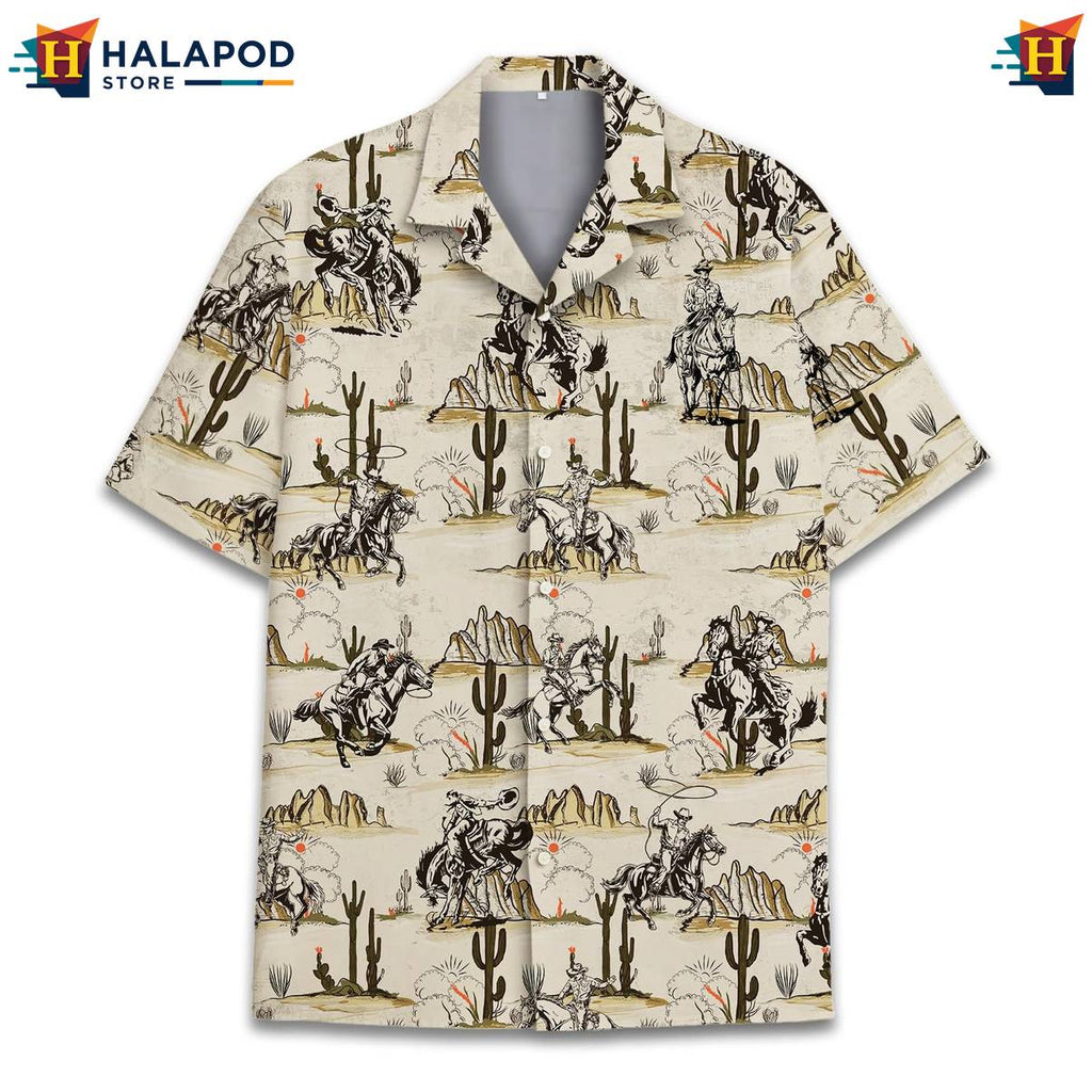 Tan Cowboy Funny Hawaiian Shirt Alien UFO Short Sleeve Button Down Apparel