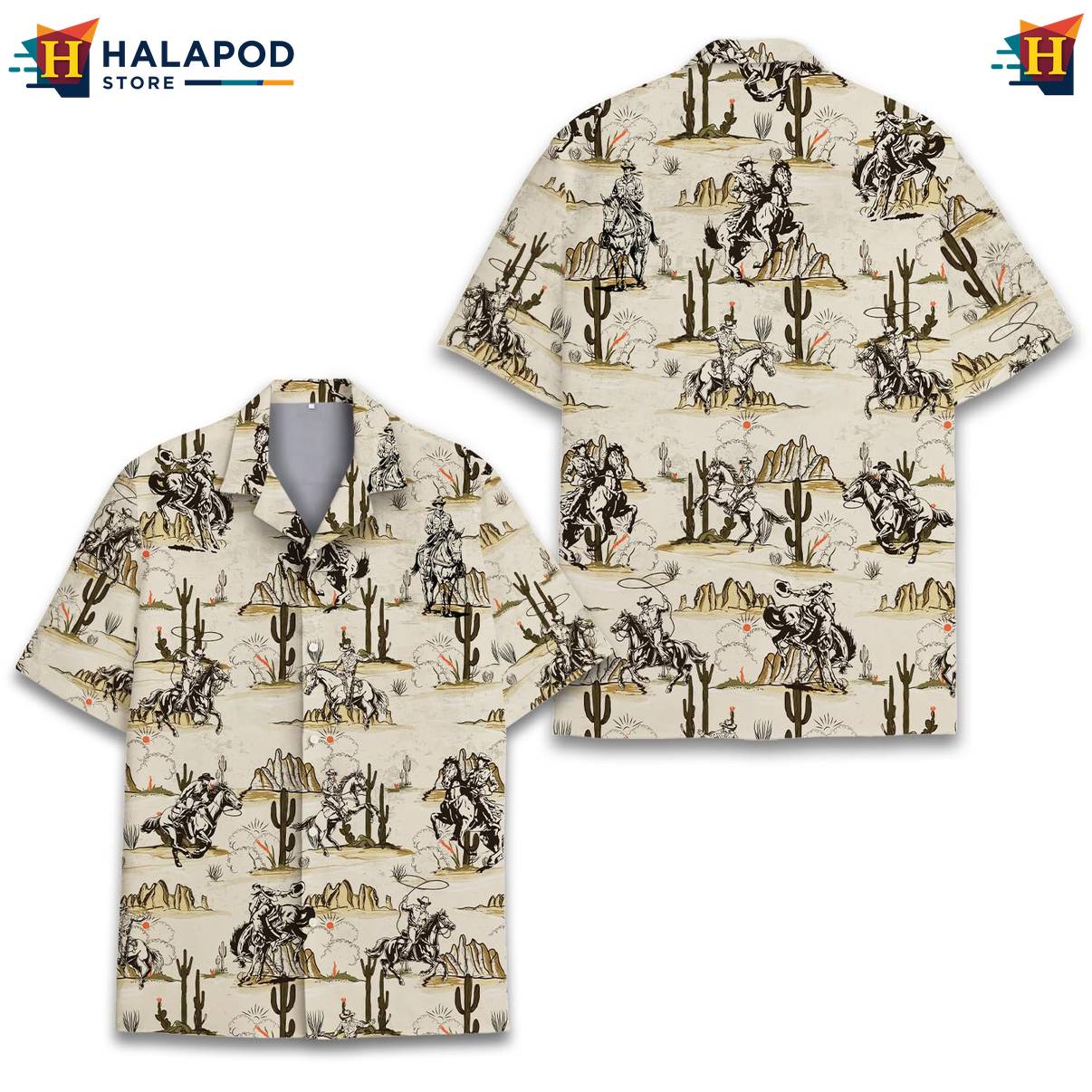Tan Cowboy Funny Tropical Shirt Alien UFO Short Sleeve Button Down Apparel