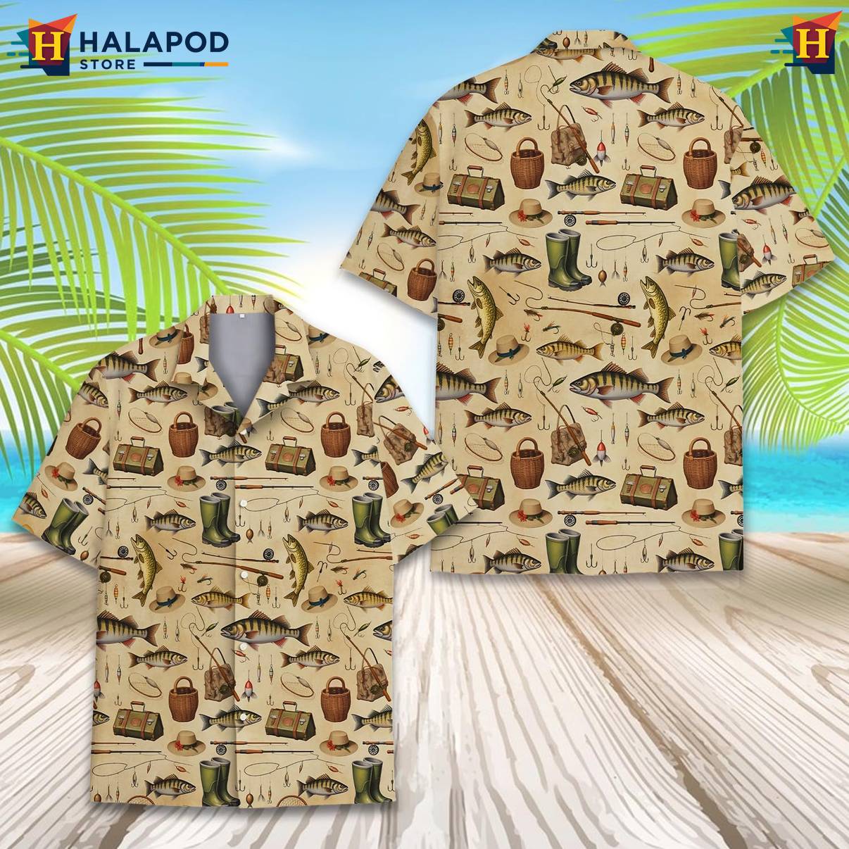 Tan Fishing Funny Tropical Shirt Alien UFO Short Sleeve Button Down Mens