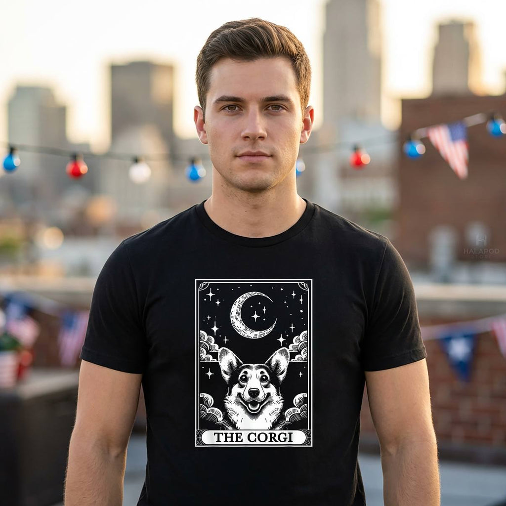Tarot Card Vintage Corgi Dog Shirt Crescent Moon Mom Graphic Apparel Mens