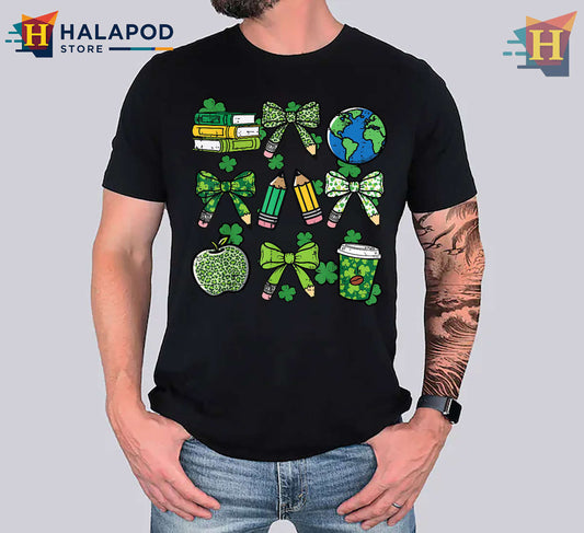 Teacher Pencil Bow Graphic St Patricks Day Shirts For Women
