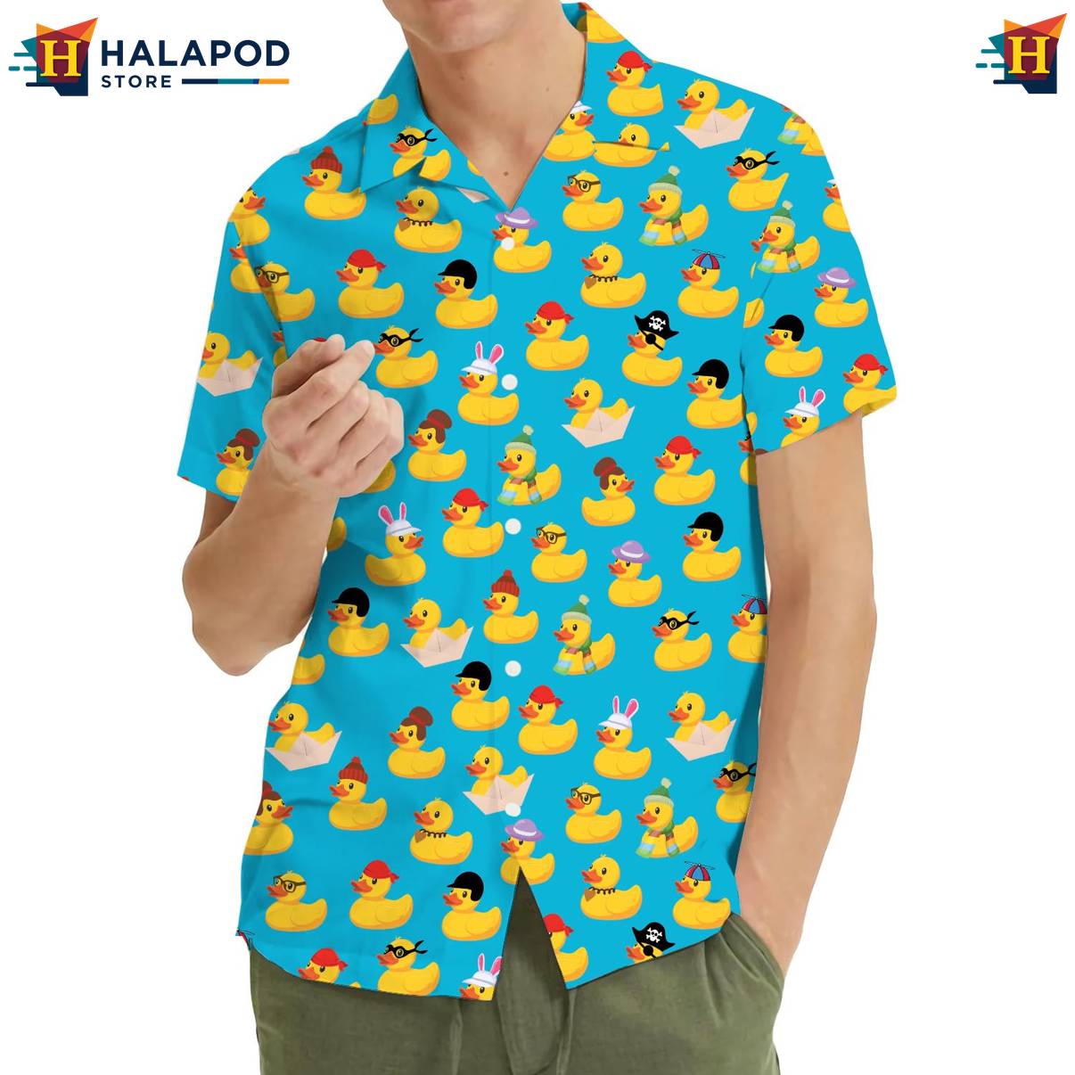 Teal Duck Funny Aloha Shirt Alien UFO Short Sleeve Button Down Apparel