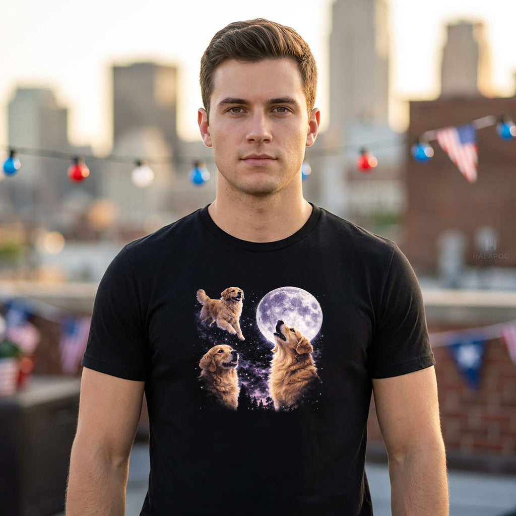 Three Golden Retriever Howling Shirt Vintage To The Moon Dog Art Casual Mens