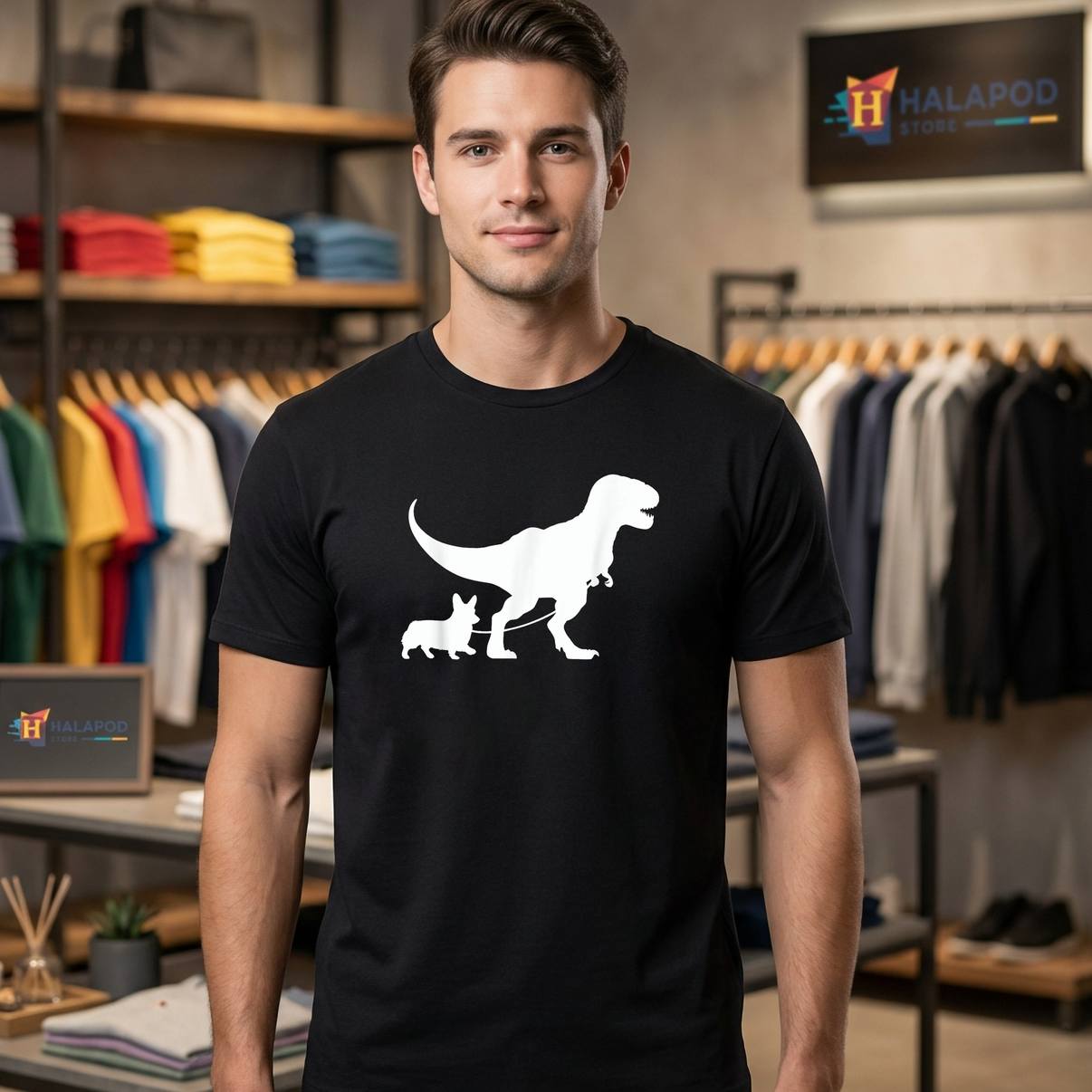 TRex Walking A Dog Corgi Shirt Funny Dad Lovers Graphic Apparel For Mens