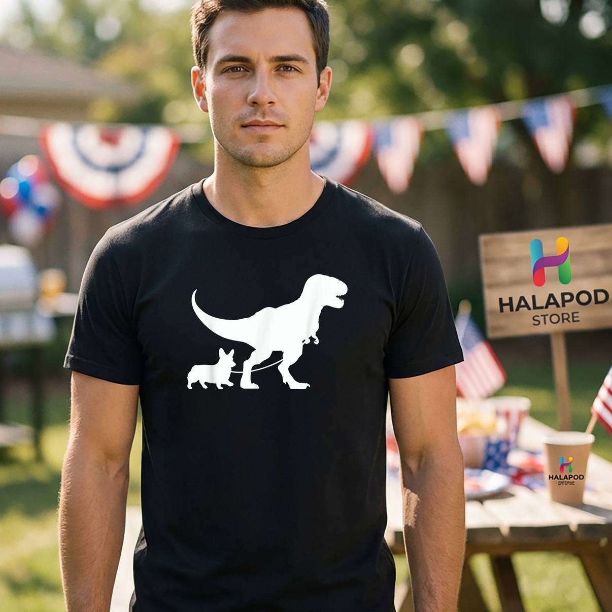 TRex Walking A Dog Corgi Tee Shirt Funny Dad Lovers Graphic Apparel For Mens