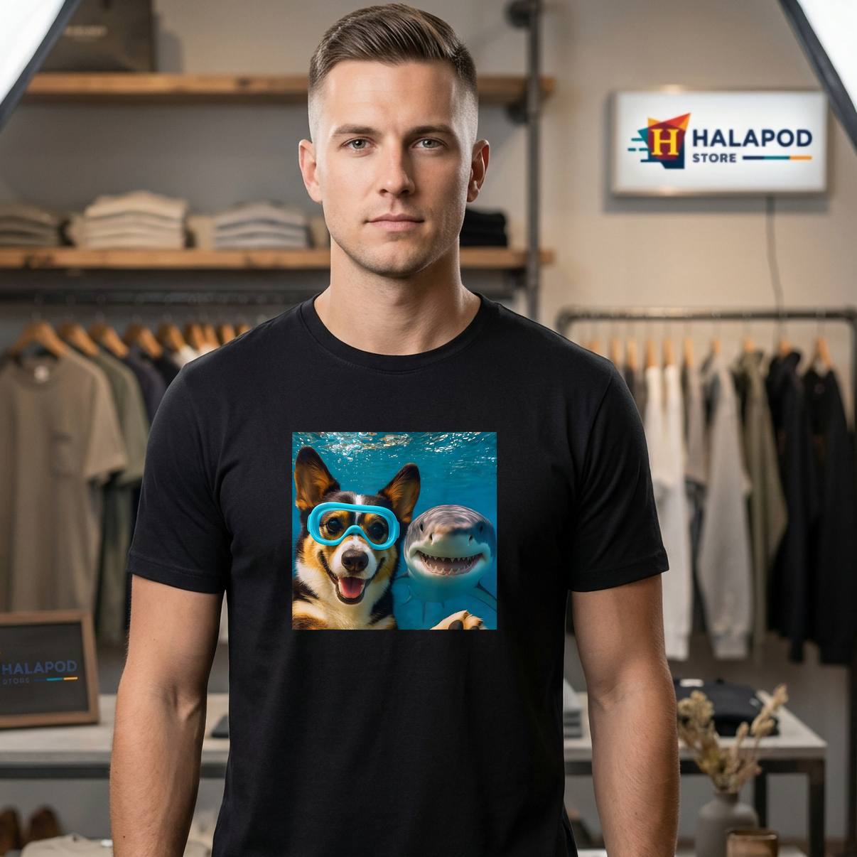Tri Color Corgi Dog Selfie Tee Shirt With Shark Ocean Lovers Funny Graphic Men