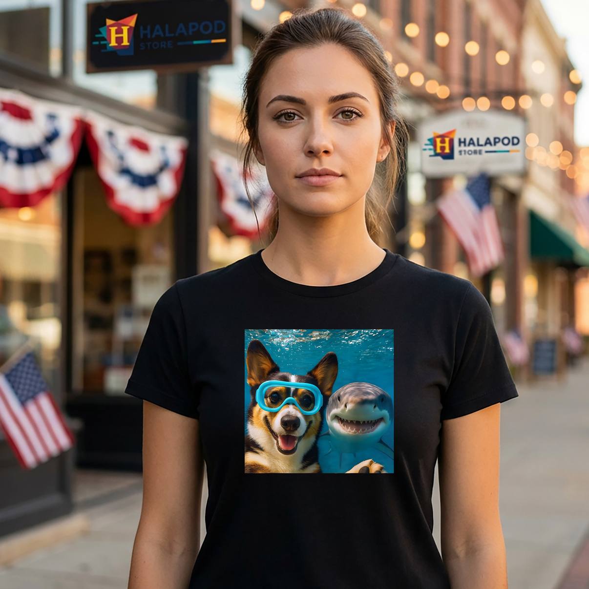 Tri Color Corgi Dog Selfie T-Shirt With Shark Ocean Lovers Funny Graphic Men