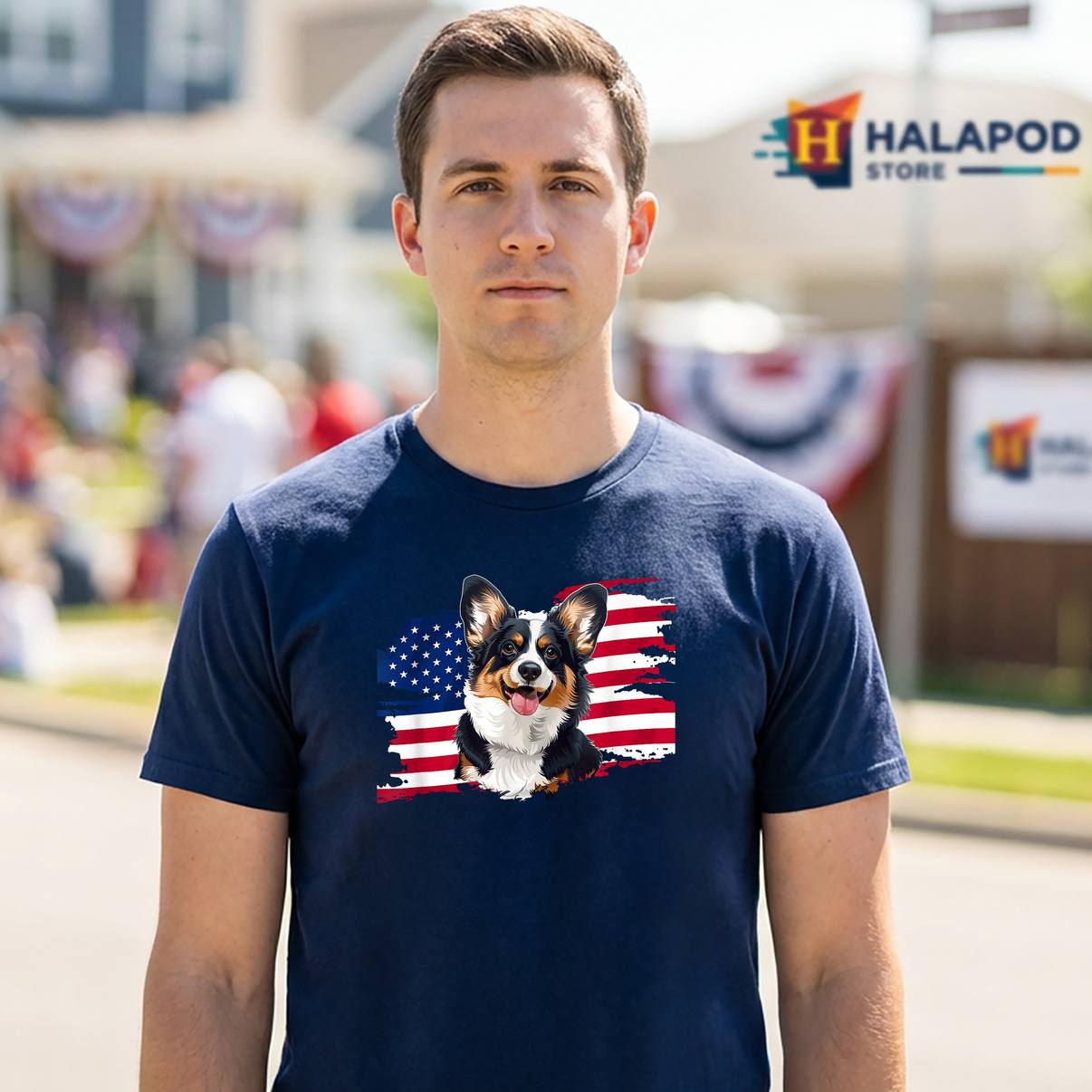 Tricolor Corgi USA Flag T-Shirt 4th Of July American Patriotic Graphic Men