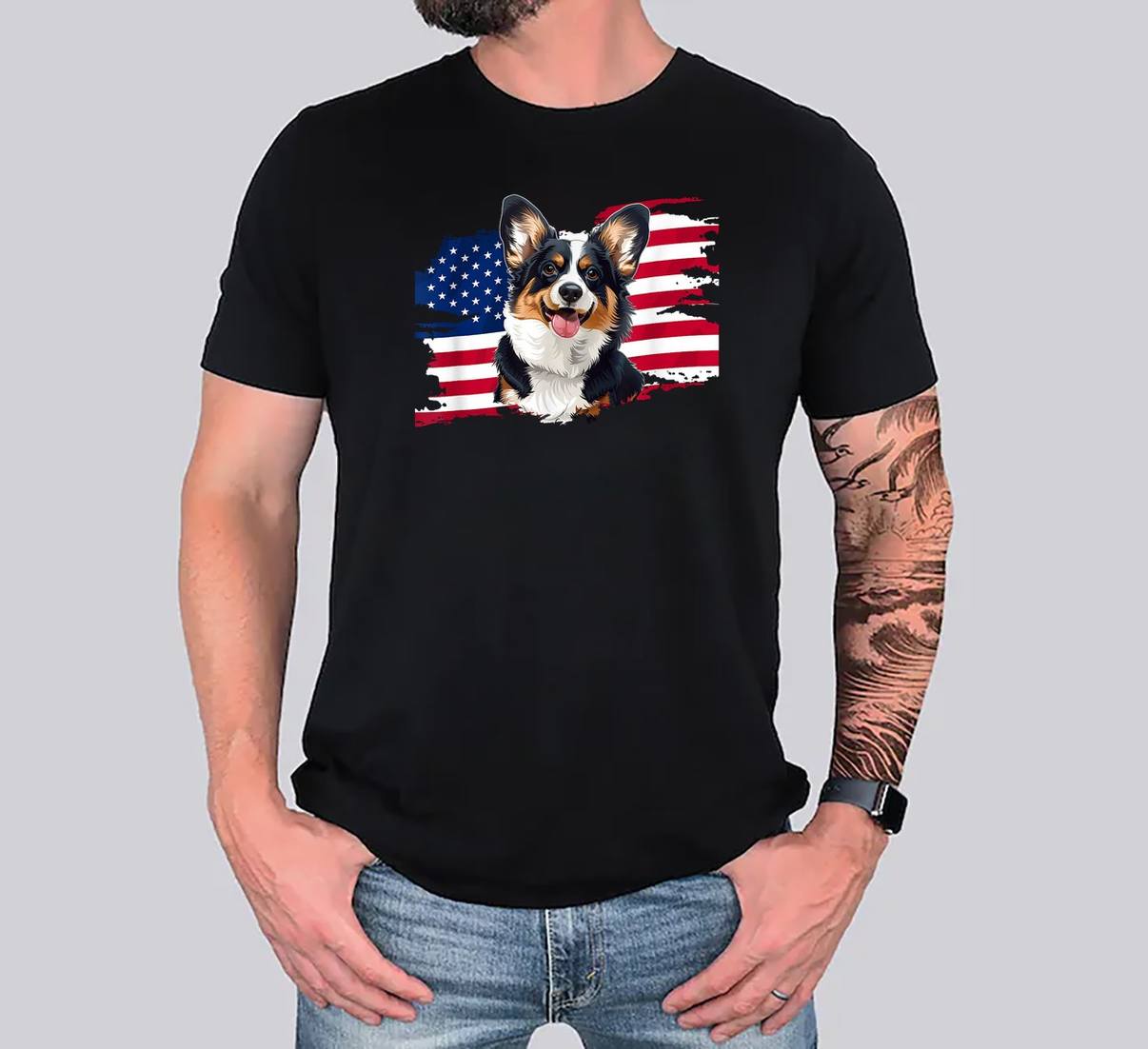 Tricolor Corgi USA Flag TShirt 4th Of July American Patriotic Graphic Men