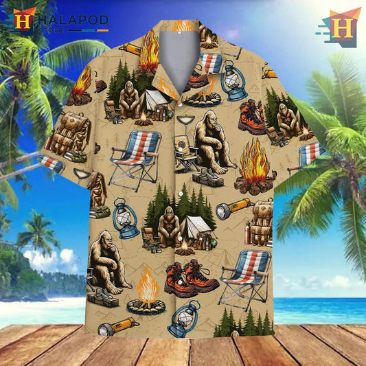 Tropical Bigfoot Camping Mens Funny Hawaiian Shirt Outdoor Humor Design
