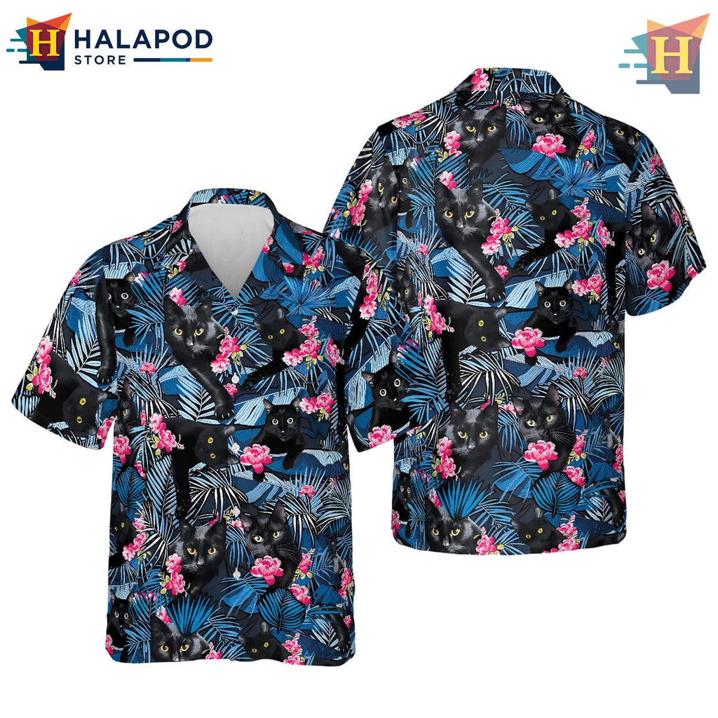Tropical Black Cat Print Hawaiian Shirt Funny Floral Beach Vacation Mens Apparel
