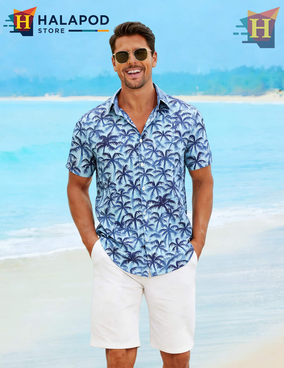 Tropical Blue Palm Tree Hawaiian Shirt Summer Casual Beach Outfits Shirt