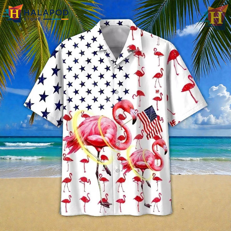 Tropical Button Down Shirt with American Flamingo Art for a Bright Summer Mood