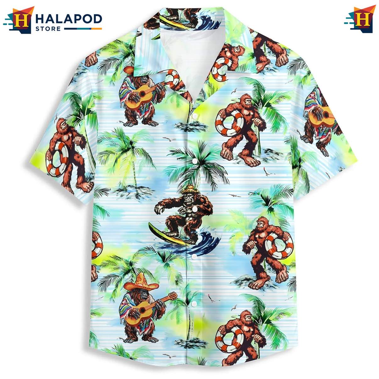 Tropical Green Bigfoot Hawaiian Shirt Short Sleeve Floral Button Down Top