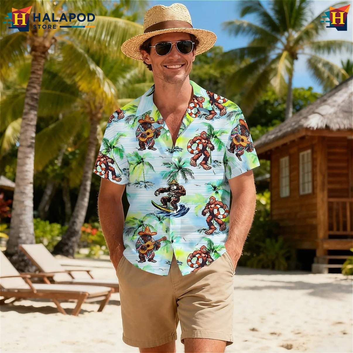 Tropical Green Bigfoot Short-sleeve button-up shirt Short Sleeve Floral Button Down Top