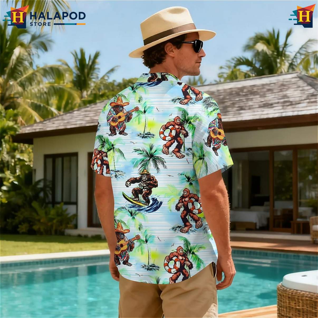 Tropical Green Bigfoot Tropical Shirt Short Sleeve Floral Button Down Top