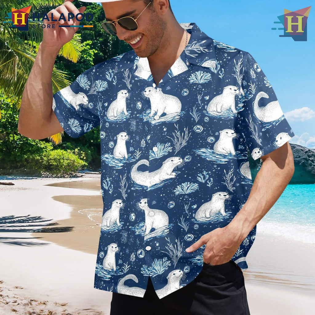 Tropical Otter Coral Hawaiian Shirt Funny Summer Beach Party Casual Mens Apparel
