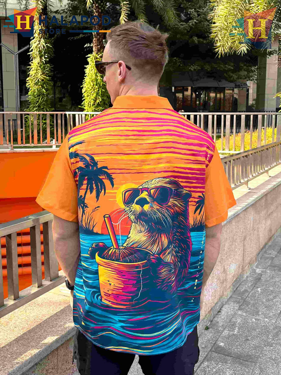 Tropical Otter Hawaiian Shirt Funny Graphic Casual Beach Vacation Mens Shirt