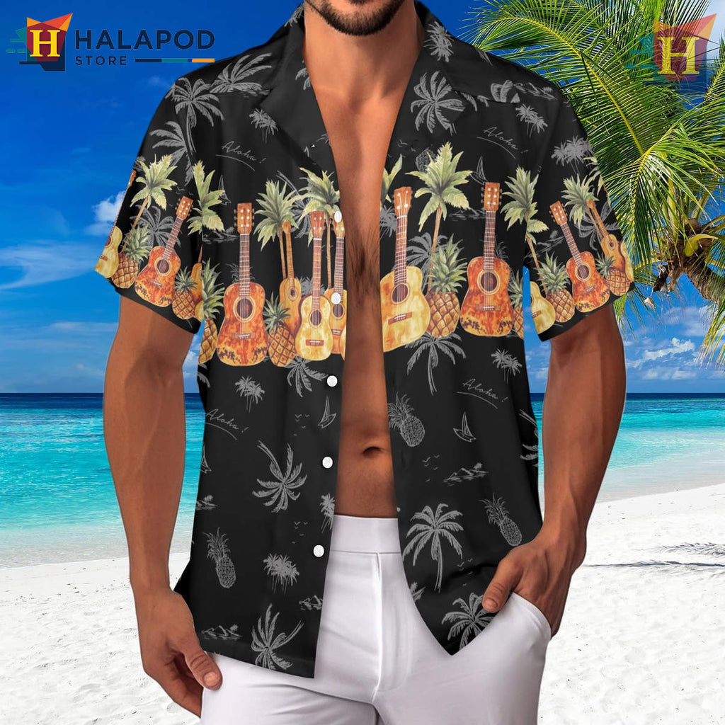 Tropical Pineapple Guitar Hawaiian Shirt Funny Summer Beach Party Mens Apparel