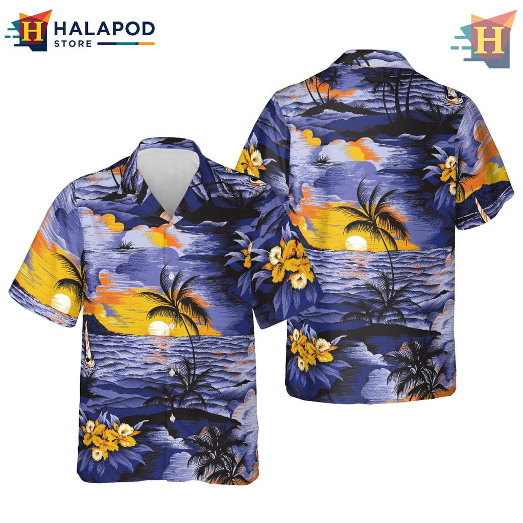 Tropical Twilight Print Hawaiian Shirt Funny Floral Beach Vacation Mens Apparel