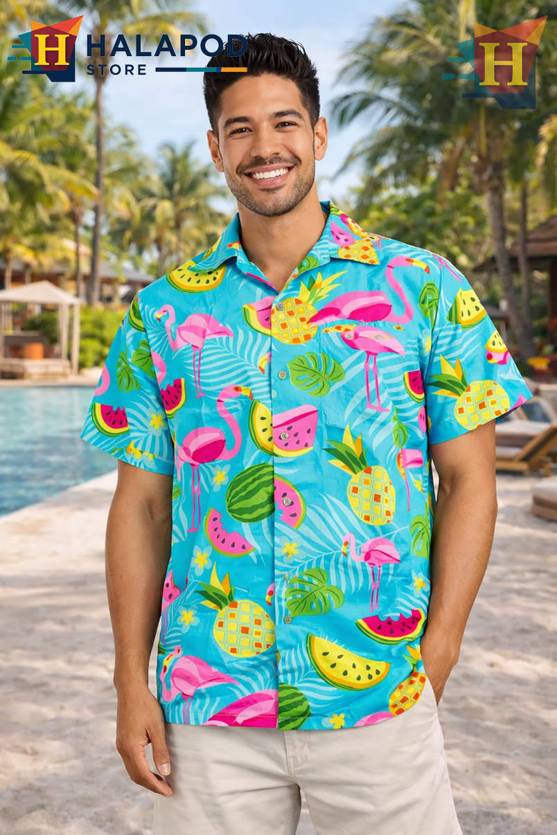 Turquoise Flamingo Melon Hawaiian Shirt Tropical Summer Beach Casual Shirt