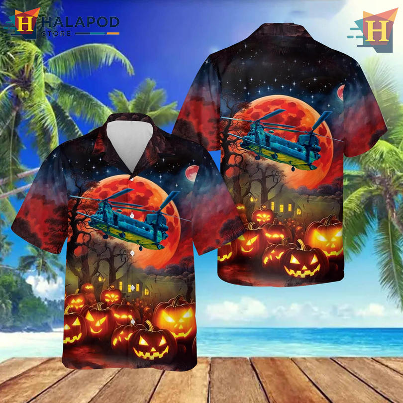 US Army Boeing CH 47 Chinook Button Up Tropical Shirt Military Halloween Theme