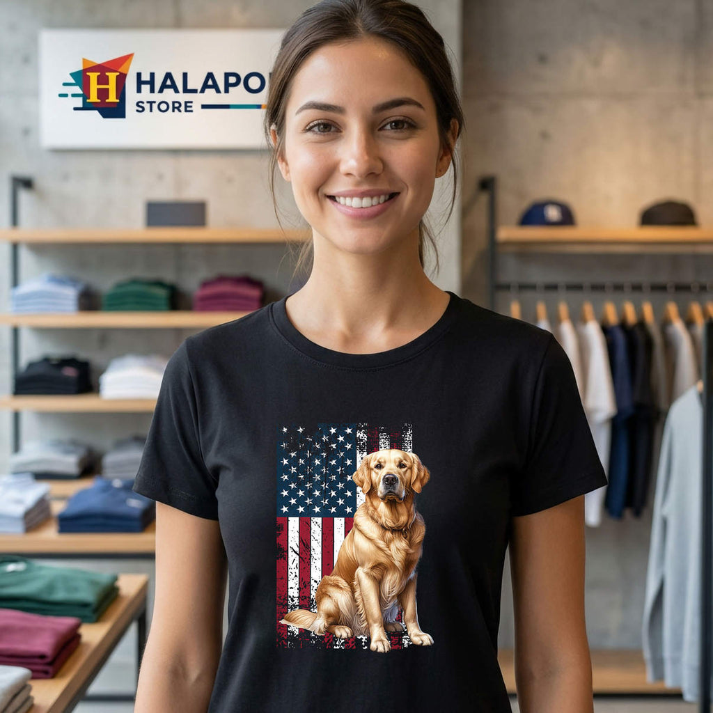 USA Flag Dog Owner Shirt Golden Retriever Patriotic Graphic Novelty Mens