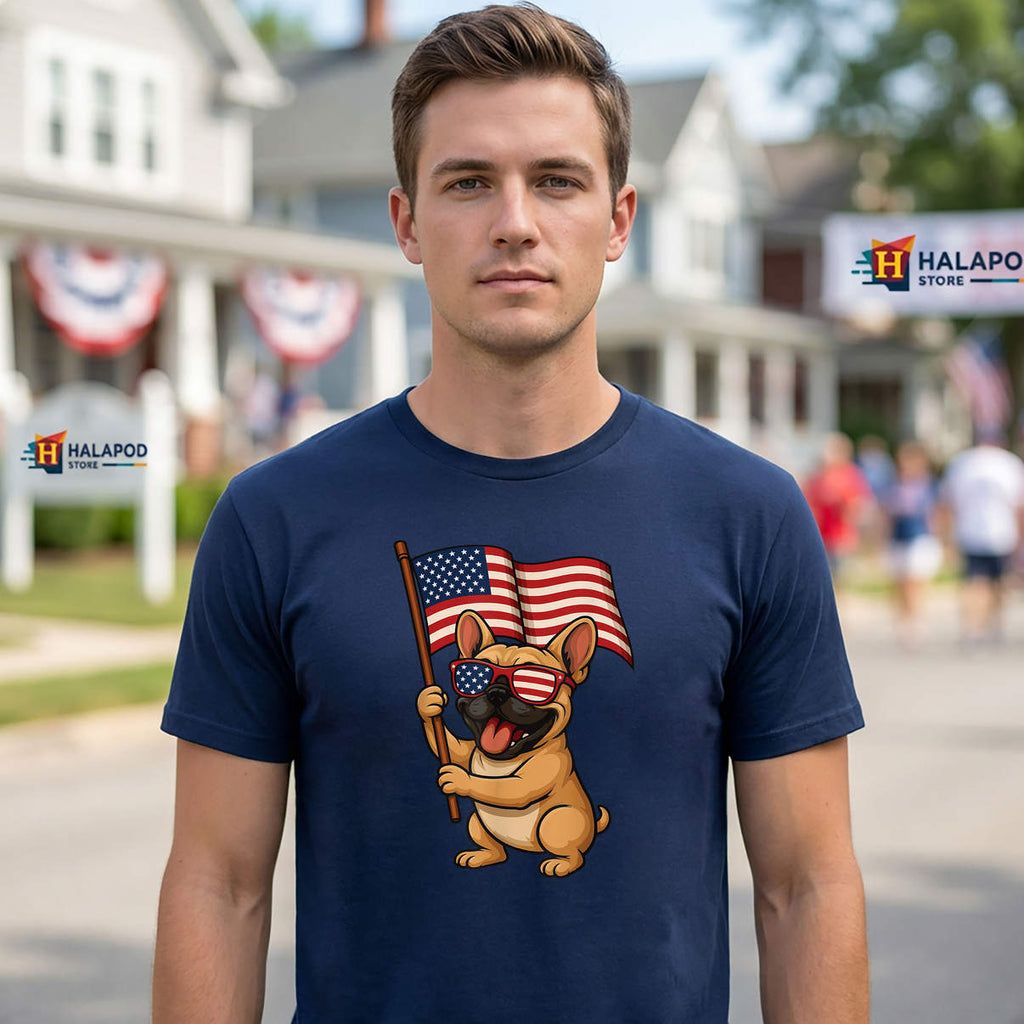 USA Flag French Bulldog Shirt Patriotic American Frenchie Graphic Casual Mens
