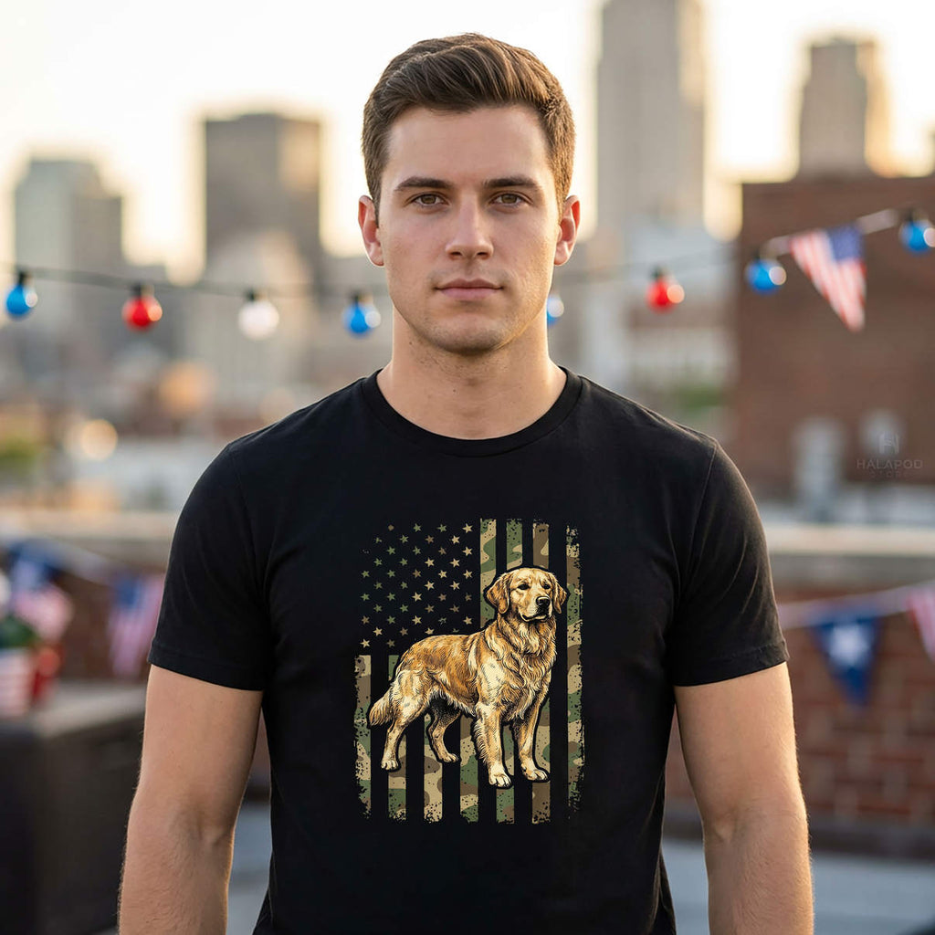 USA Flag Golden Dog Shirt Retriever Patriotic Graphic Novelty Casual Mens