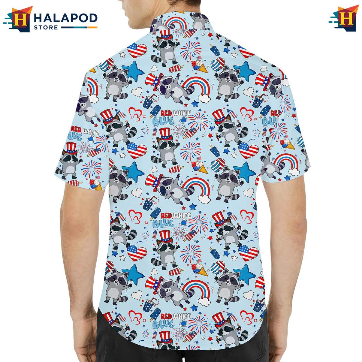 USA Flag Patriotic Raccoon Short-sleeve button-up shirt 4th Of July Button Down Clothing