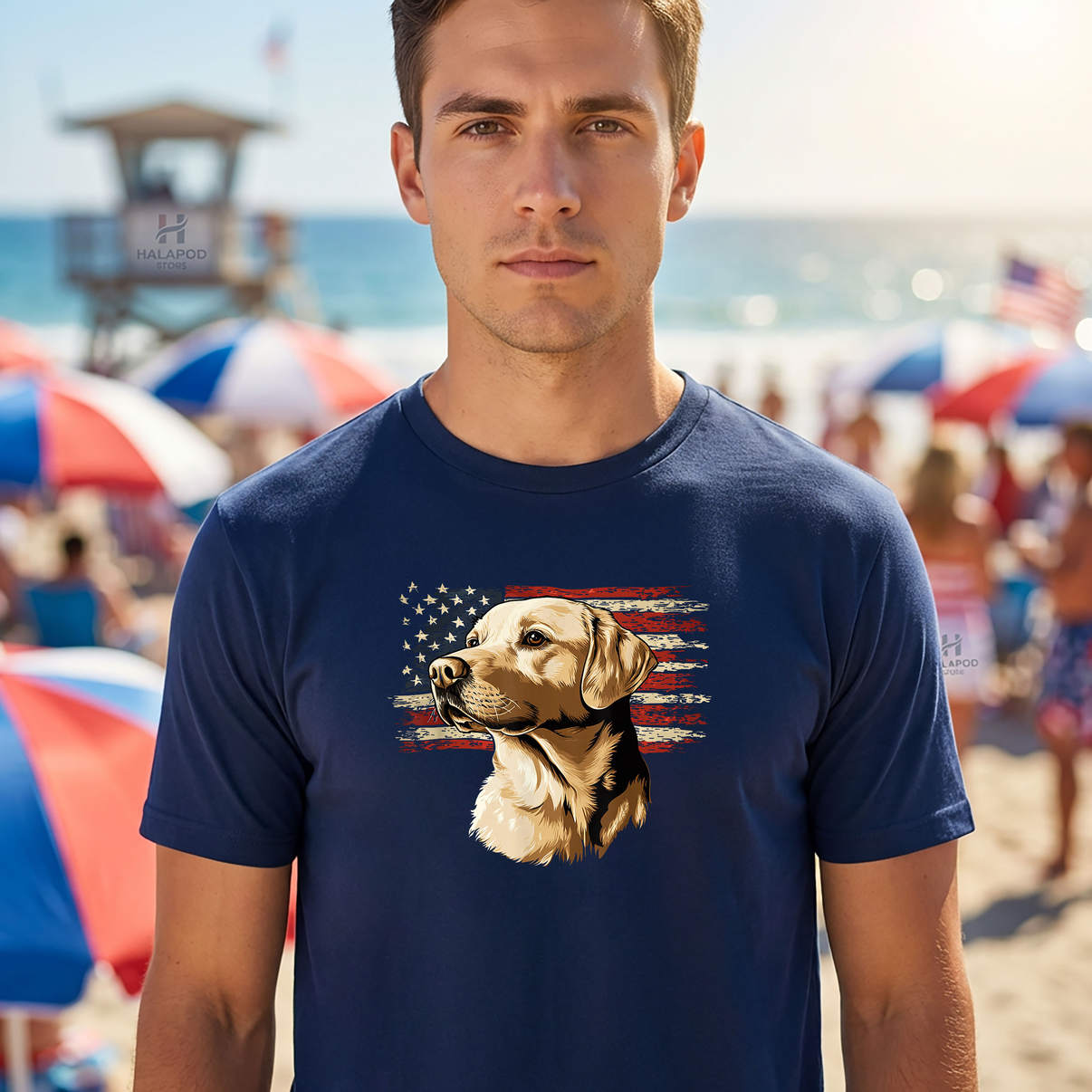 USA Flag Yellow Labrador Retriever Dog TShirt Patriotic Graphic Casual Mens