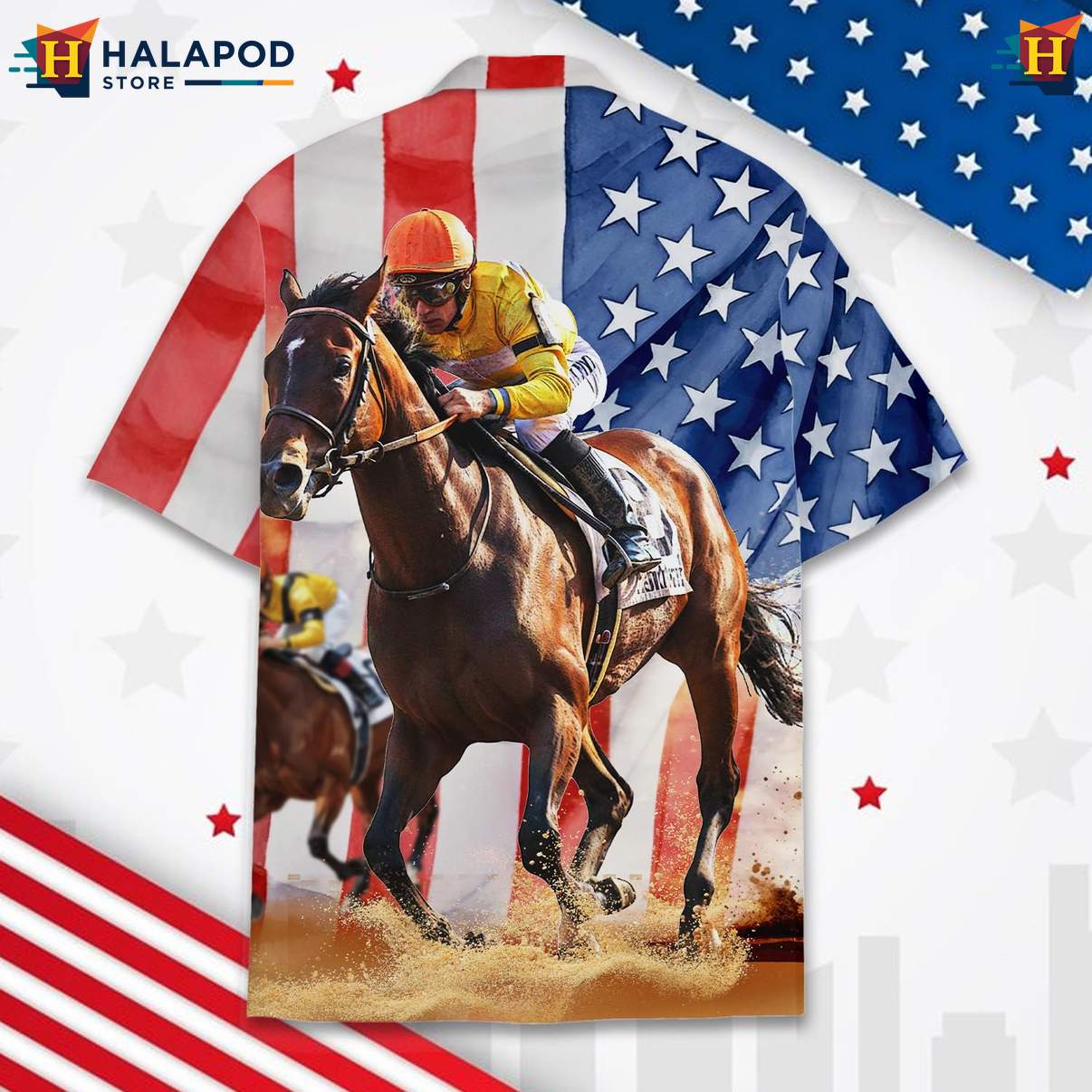 USA Horse Racing Patriotic Tropical Shirt 4th Of July Button Down Apparel
