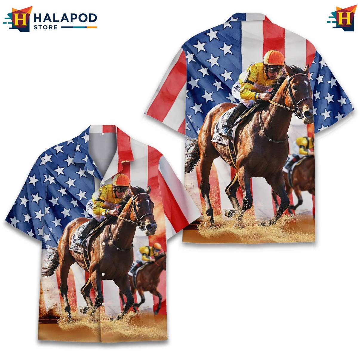 USA Horse Racing Patriotic Aloha Shirt 4th Of July Button Down Apparel