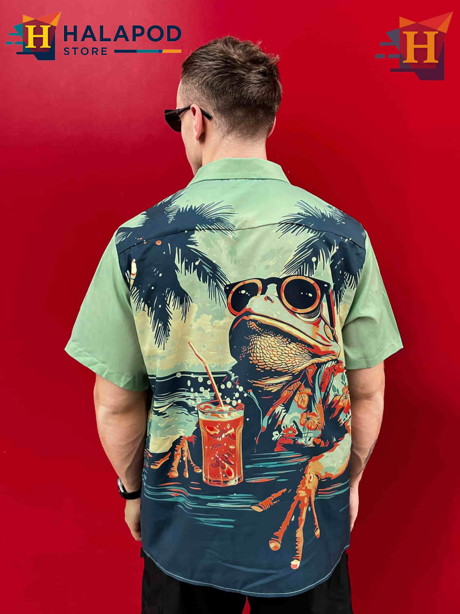 Vacationing Frog Hawaiian Shirt Funny Graphic Tropical Casual Beach Shirt
