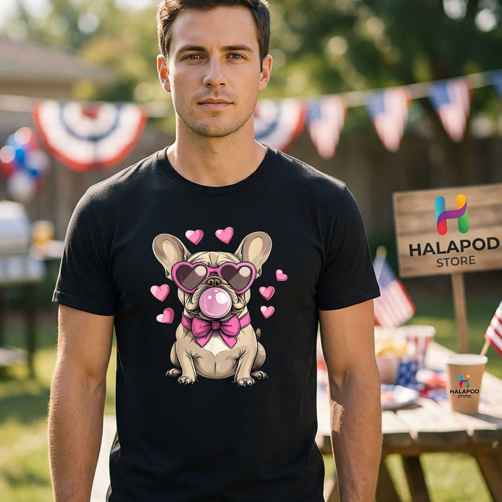 Valentine French Bulldog Shirt Blowing Bubble Heart Glasses Casual Graphic