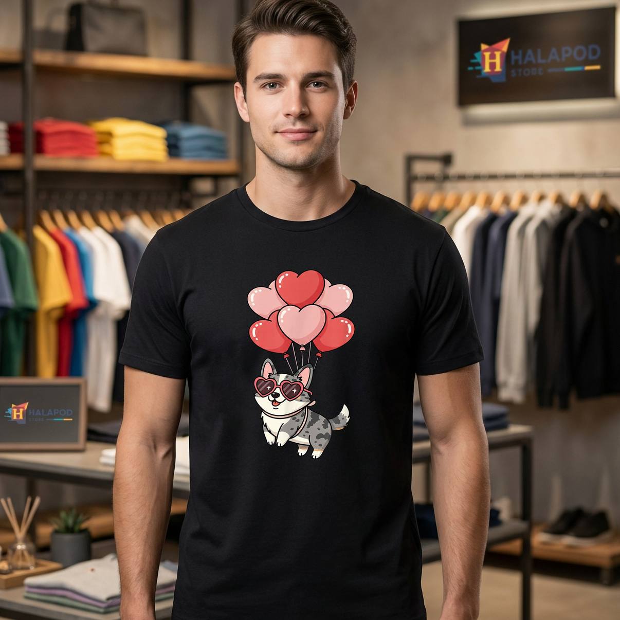 Valentines Day Heart Balloons Tee Shirt Blue Merle Cardigan Corgi Dog For Men