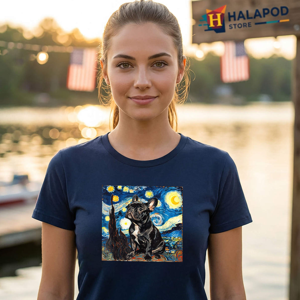 Van Gogh French Bulldog Shirt Starry Night Art Style Funny Casual Graphic