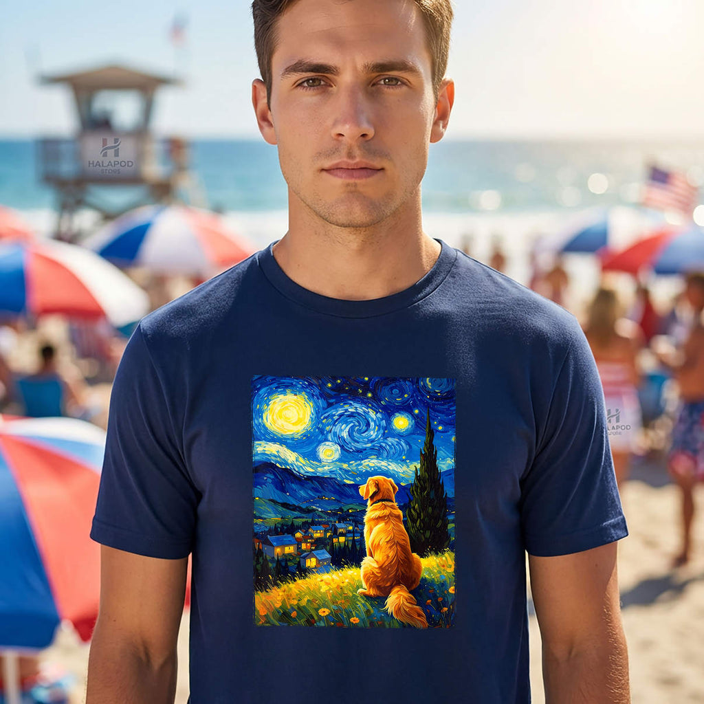 Van Gogh Starry Night Retriever Shirt Painting Golden Dog Graphic Casual