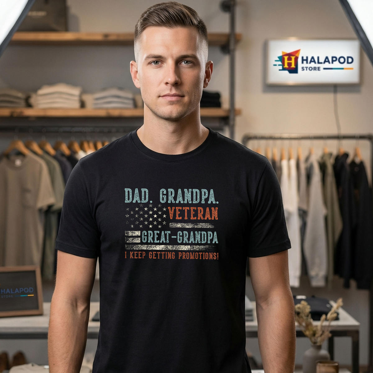Veteran Grandpa Fathers Day Shirt 2026 USA Flag Great Papa Dad Apparel Gifts