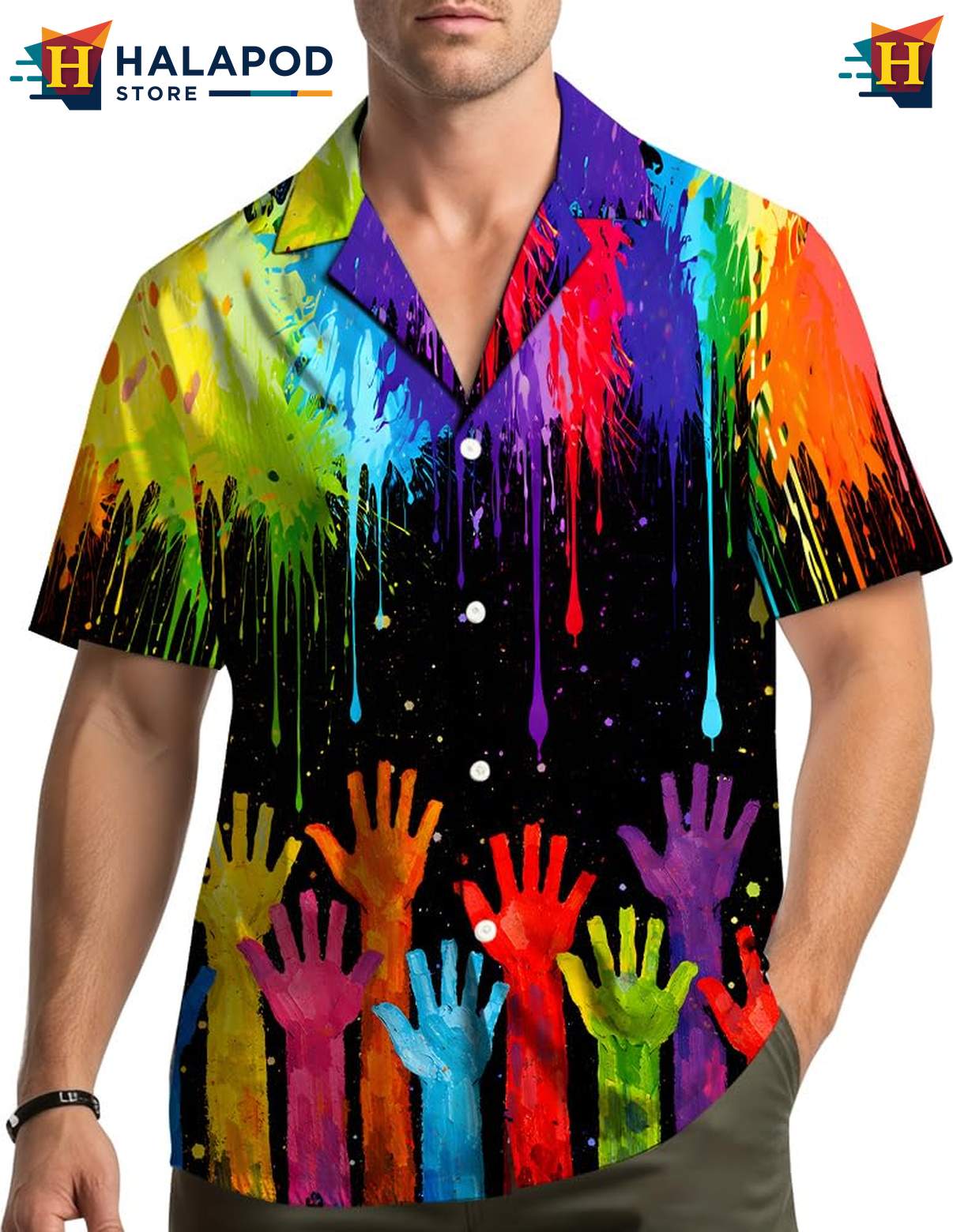 Vibrant Artistic Aloha Shirt, Black Rainbow Hand Design Summer Button Down For Men