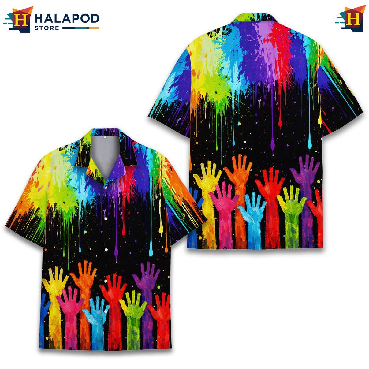Vibrant Artistic Aloha Tee Shirt, Black Rainbow Hand Design Summer Button Down For Men