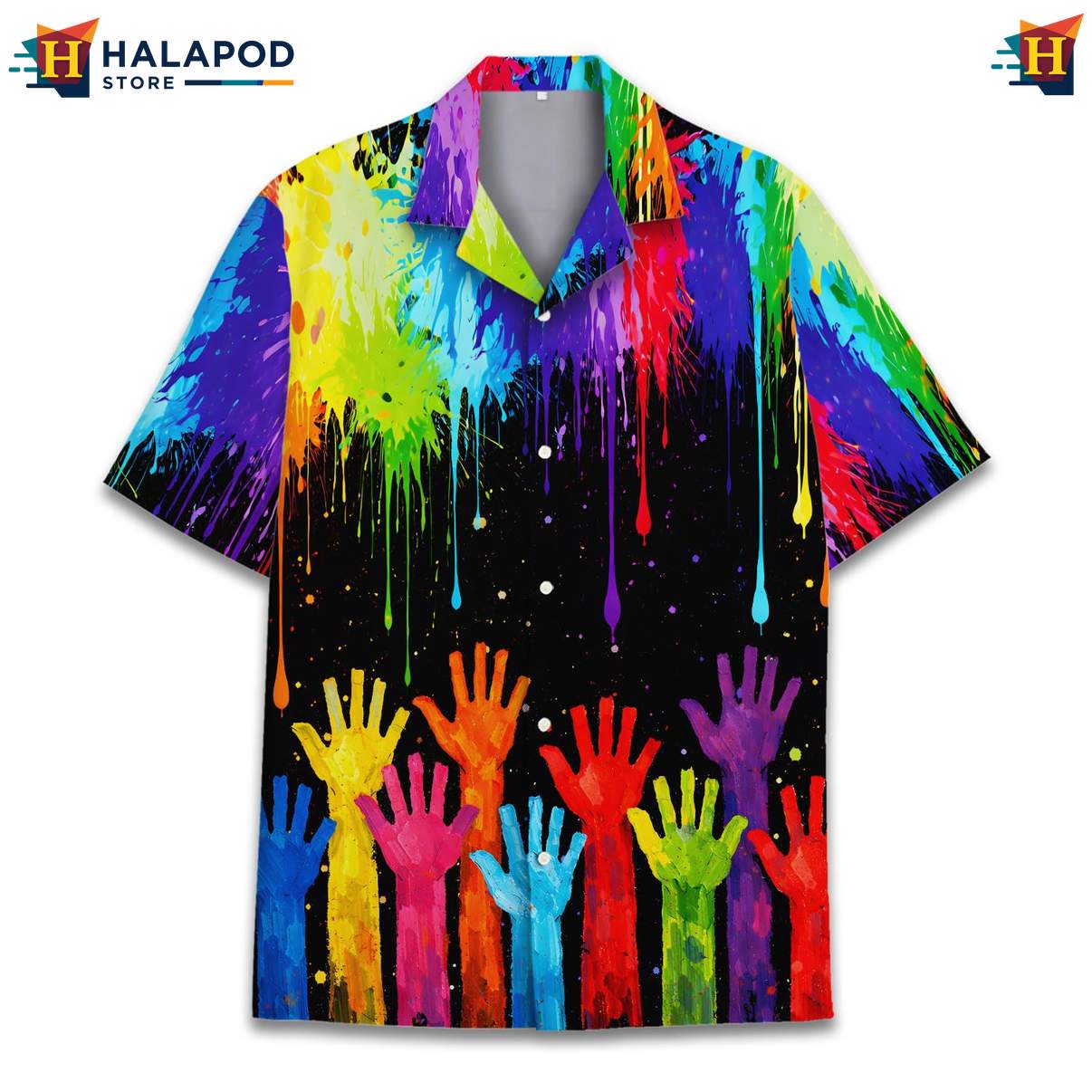Vibrant Artistic Aloha T-Shirt, Black Rainbow Hand Design Summer Button Down For Men