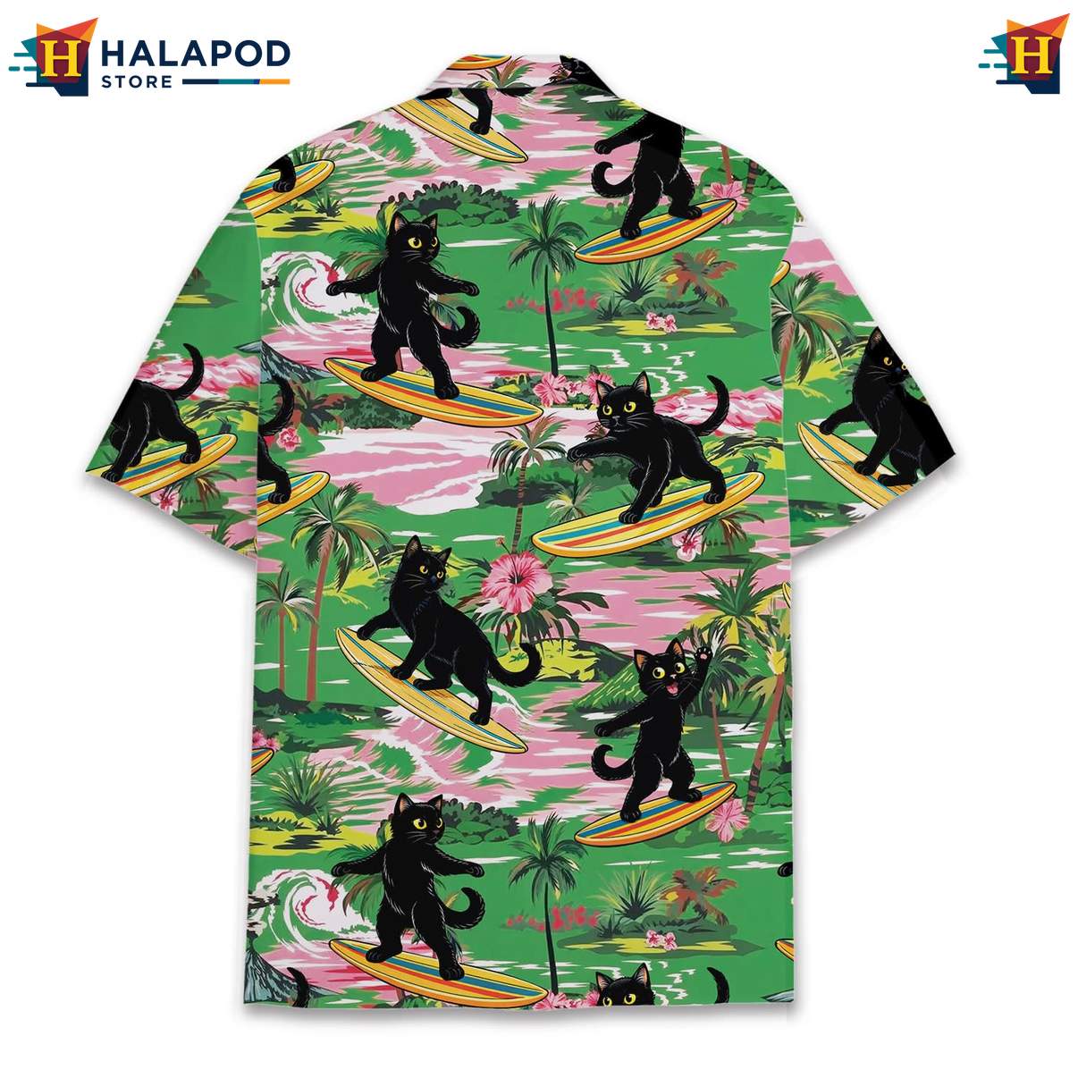 Vibrant Black Cat Aloha Tee, Fun Summer Button Down For Cat Lovers